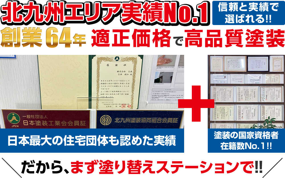 北九州エリア実績No.1 創業61年 だから、まず塗り替えステーションで!!