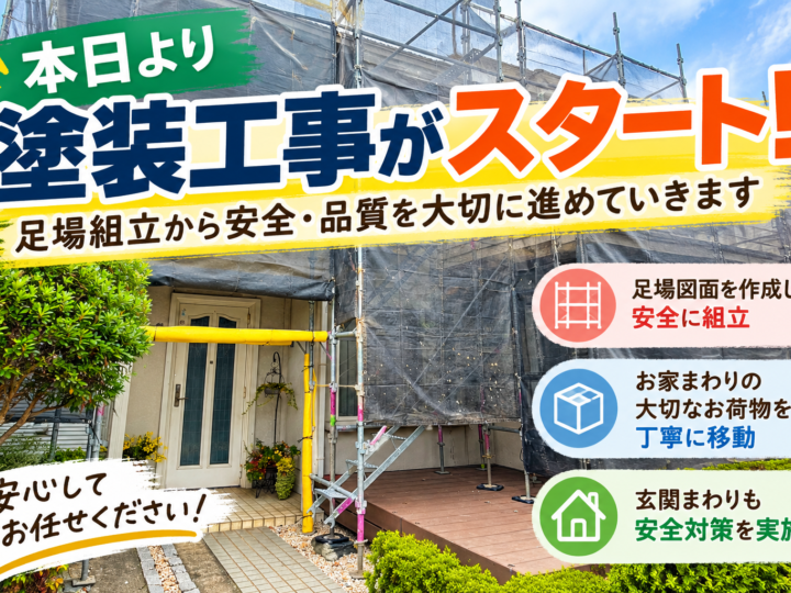 塗り替えステーションの外壁塗装工事開始。住宅の足場組立と飛散防止メッシュシート、玄関周りの安全対策を紹介するアイキャッチ画像
