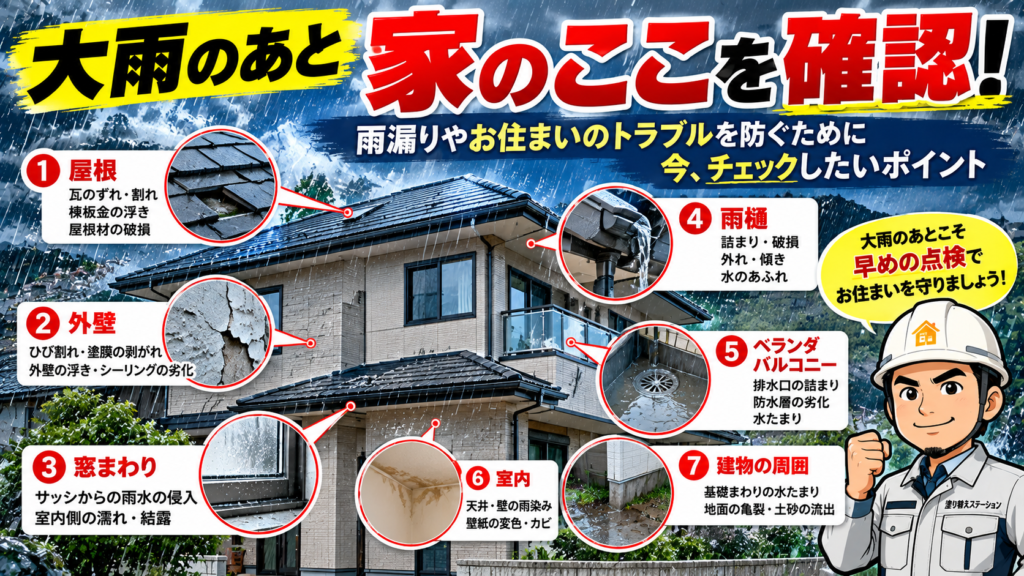 大雨後の戸建て住宅で確認したい屋根、外壁、窓まわり、雨樋、ベランダ、室内、建物周囲の7つの点検箇所を示したイラスト