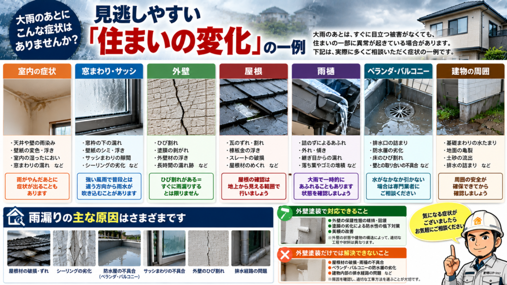 大雨後に見られる天井の雨染み、窓まわりの濡れ、外壁のひび割れ、屋根材の破損、雨樋の詰まり、ベランダの排水不良と、外壁塗装で対応できる範囲を説明した図解